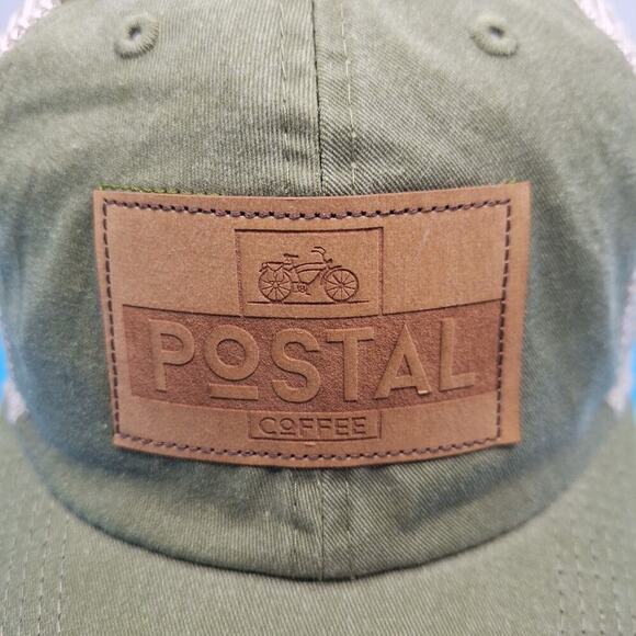 Postal Coffee Leather Patch Trucker Snapback Hat Cap Green Cotton - Picture 2 of 7